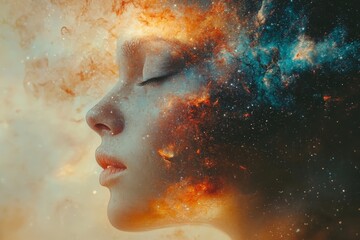 Aufkleber - Creative representation of a woman's profile with cosmic elements blending into her hair and features