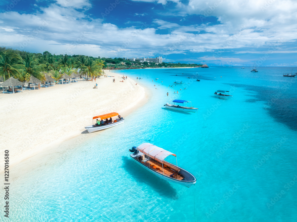 Aerial View Of The Boats On Tropical Sea Coast With White Sandy Beach aerial-view-of-the-boats-on-tropical-sea-coast-with-white-sandy-beach