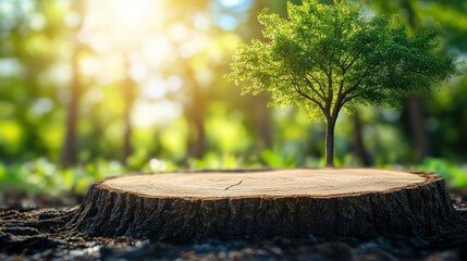 Wall Mural - Young tree on stump, forest background, replanting, ecology