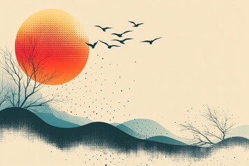 Poster - Vibrant sunset over abstract mountains with flying birds creating a tranquil landscape