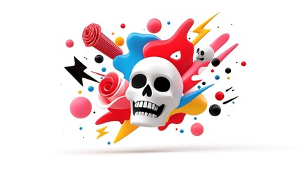 Poster - Vibrant Abstract Skull with Colorful Splashes and Roses