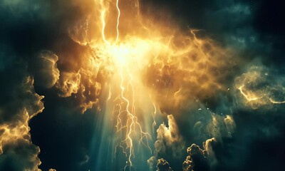 Poster - Golden lightning strike through dark clouds, celestial background, powerful imagery