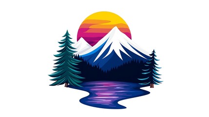 Fototapete - Pixel Art Mountain Sunset Landscape with River and Trees