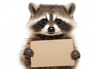 Aufkleber - Raccoon holding a cardboard sign, showcasing its playful nature and curiosity in a neutral background setting