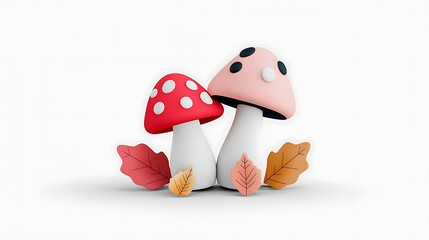 Wall Mural - Cute Pixel Art Mushrooms With Autumn Leaves On White Background