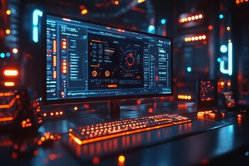 Aufkleber - High-tech computer setup in a futuristic digital environment with vibrant neon lights