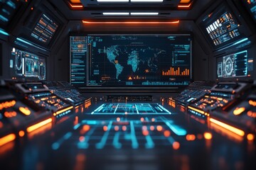 Aufkleber - Futuristic control room with advanced technology displays and illuminated interfaces