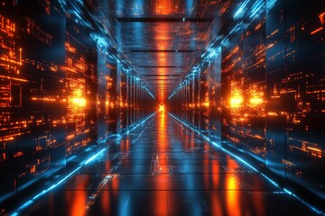 Poster - Futuristic hallway with vibrant blue and orange lighting in a high-tech environment