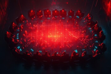 Poster - Group of people engaged in a tech meeting around a dynamic digital display in a darkened room