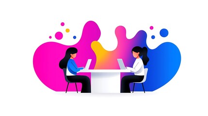 Poster - Two Businesswomen Collaborate Using Laptops at Modern Table, Vibrant Abstract Background