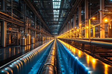 Aufkleber - Industrial manufacturing facility showcasing illuminated conveyor belts and pipes within a large production area