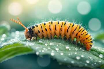 Poster - Bright orange caterpillar resting on a green leaf surrounded by droplets in a soft, blurred background during a sunny day