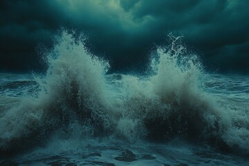 Aufkleber - Dark stormy waves crash violently against the shore during a tempestuous afternoon near the ocean