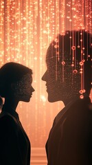 Poster - Digital Data Stream Silhouettes Man and Woman Facing Each Other in