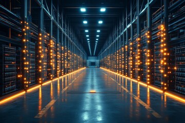 Leinwandbilder - High-tech warehouse interior showcasing advanced storage technology and illuminated pathways for efficient navigation