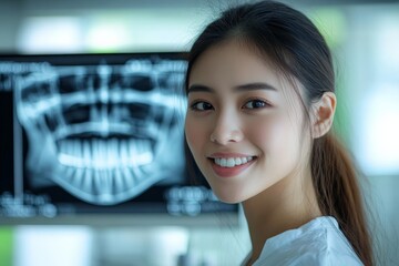 Poster - Smiling woman in dental clinic reviewing teeth X-ray on screen during consultation