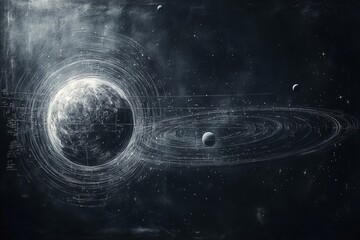 Poster - Cosmic arrangement of celestial bodies with intricate rings and orbit paths in a starry background