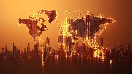 Poster - Glowing Orange World Map Cityscape At Sunset