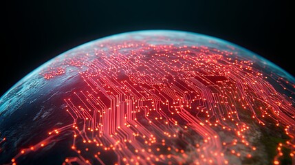 Poster - Glowing Red Circuit Board Pattern on Dark Planet Earth