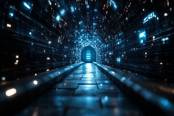 Poster - Bright tunnel leading to a glowing portal with futuristic digital elements at night