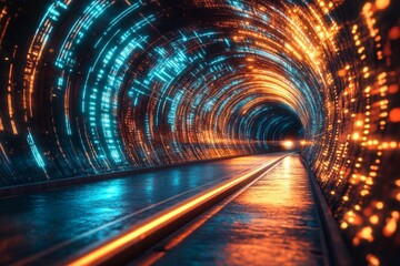 Aufkleber - Vibrant light trails illuminate an underground tunnel at night in a futuristic setting