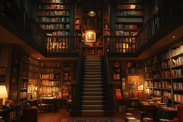 Poster - Cozy library interior featuring wooden shelves filled with books and a warm staircase illuminated by soft lighting