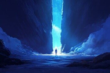 Poster - Journey through a mystical chasm with glowing light at the end under a blue sky