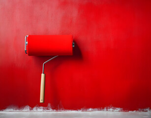 Painting the wall with red using a paint roller