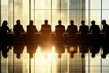 Poster - Business leaders strategize in a high-rise boardroom during sunset overlooking the city skyline