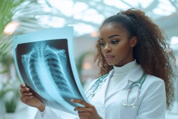 Aufkleber - Medical professional analyzing an X-ray image in a bright healthcare setting during the day