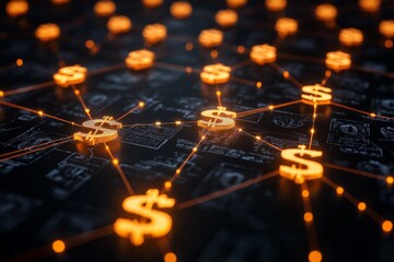 Aufkleber - Digital network featuring glowing dollar signs connected by lines on a dark background at night