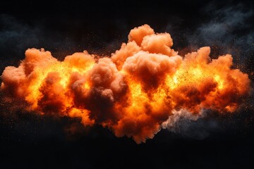 Poster - Bright orange explosion cloud rising in a dark environment, filling the air with smoke and debris during a nighttime event