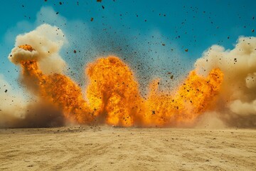 Poster - Massive explosion occurs in a desert landscape during daylight, creating a large fireball and billowing clouds of dust