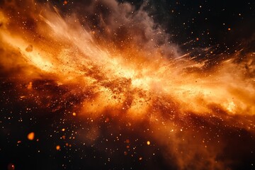 Poster - Vibrant explosion of colors with fiery sparks and clouds against a dark background showcasing a dynamic cosmic event