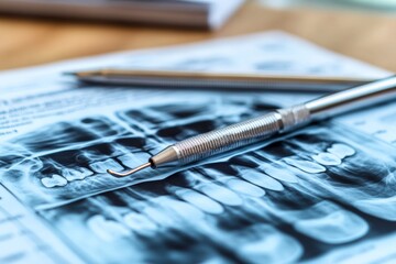 Poster - Dental tools and x-ray on a table during an examination at a dental clinic
