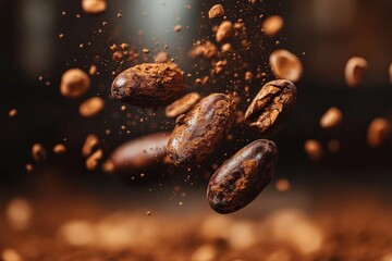 Aufkleber - Coffee beans suspended mid-air with grounds around them in a warm, inviting environment