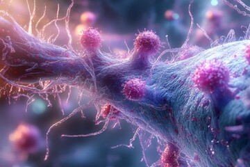 Poster - Vibrant microscopic view of neurons with pink synapses during a cellular interaction in a biological environment