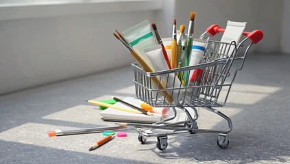 Poster - Miniature shopping cart overflowing with colorful paint tubes, brushes, pencils, and erasers, suggesting back to school shopping or art supply purchases