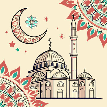 Ramadan kareem. Eid mubarak.Vector abstract illustration of mosque,crescent,oriental ornament,arch,column for greeting card, poster, background or invitation  