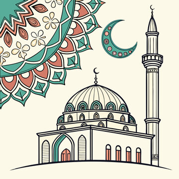 Ramadan kareem. Eid mubarak.Vector abstract illustration of mosque,crescent,oriental ornament,arch,column for greeting card, poster, background or invitation  