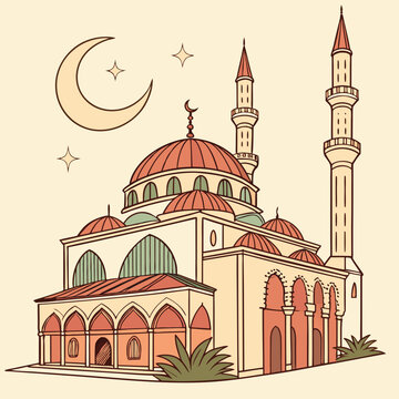 Ramadan kareem. Eid mubarak.Vector abstract illustration of mosque,crescent,oriental ornament,arch,column for greeting card, poster, background or invitation  