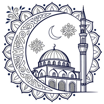Ramadan kareem. Eid mubarak.Vector abstract illustration of mosque,crescent,oriental ornament,arch,column for greeting card, poster, background or invitation  