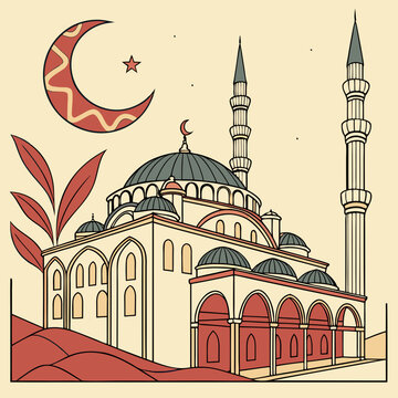 Ramadan kareem. Eid mubarak.Vector abstract illustration of mosque,crescent,oriental ornament,arch,column for greeting card, poster, background or invitation  