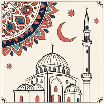 Ramadan kareem. Eid mubarak.Vector abstract illustration of mosque,crescent,oriental ornament,arch,column for greeting card, poster, background or invitation  