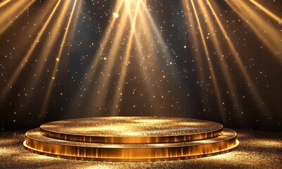 Poster - Golden stage, spotlight, glitter, awards ceremony, dark background