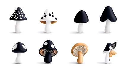 Poster - Collection of Stylized Mushrooms in Black, White, and Gold