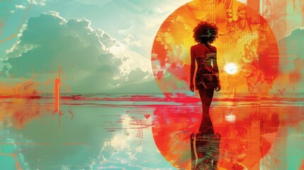 surreal ocean view with a lone figure in vibrant colors and celestial background