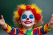 © Nataliia_Trushchenko - Young girl with a clown costume and face paint is smiling and holding her arms out. Concept of joy and playfulness, as the girl appears to be having fun and embracing her inner clown