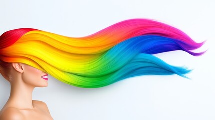 Poster - Woman with rainbow colored hair is shown with her face hidden by her hair. Concept of freedom and individuality, as the woman's unique hair color sets her apart from the crowd