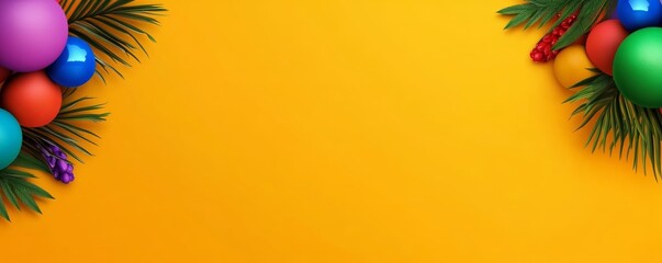 Poster - Yellow background with a bunch of colorful balls on it. The balls are of different sizes and colors, and they are arranged in a way that creates a festive and cheerful atmosphere